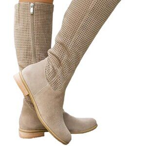 Knee High Boots Breathable Mesh Suede Flat Side Zipper Mid Cal